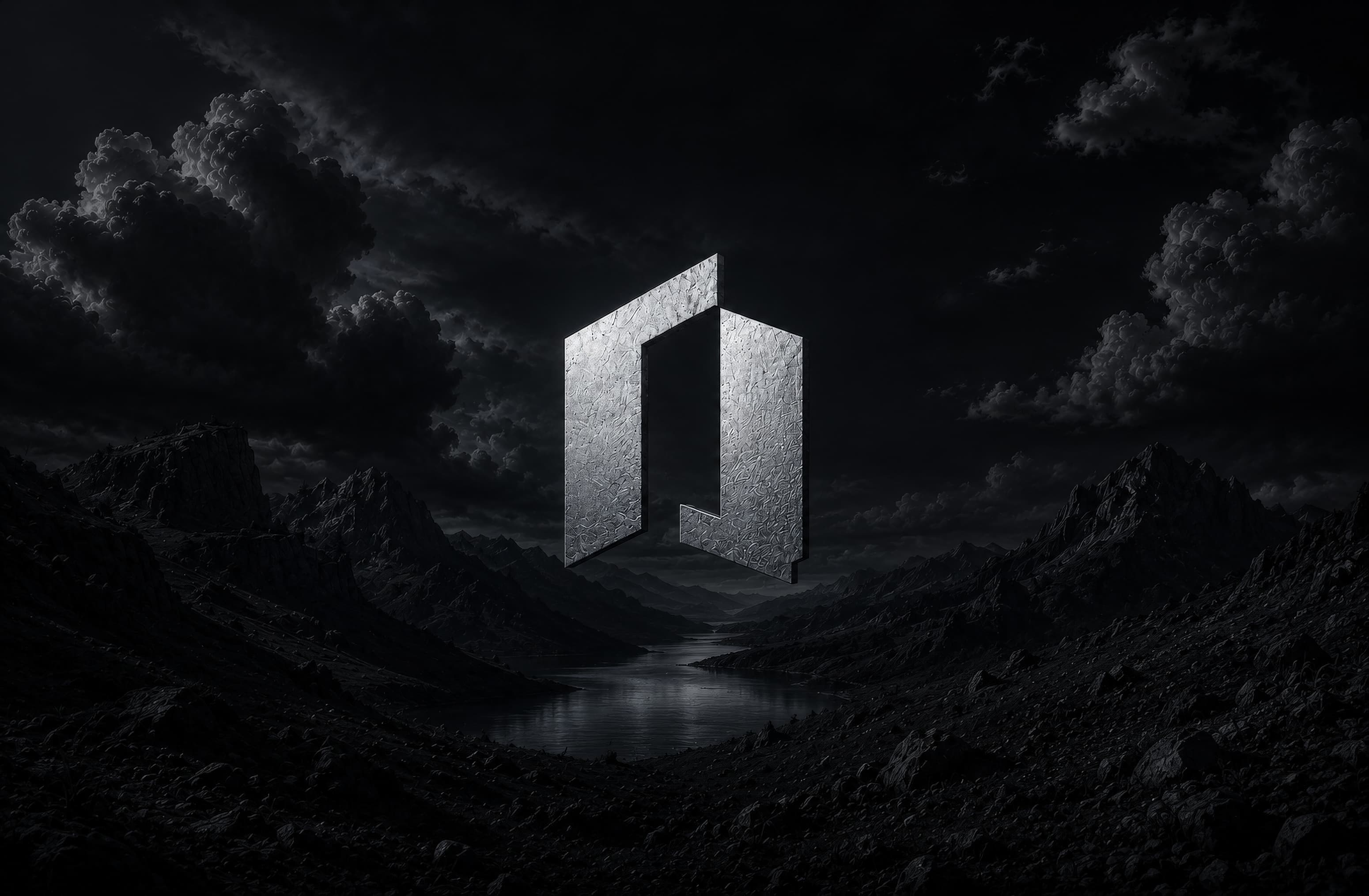 Metallic agency mark in a dark studio environment
