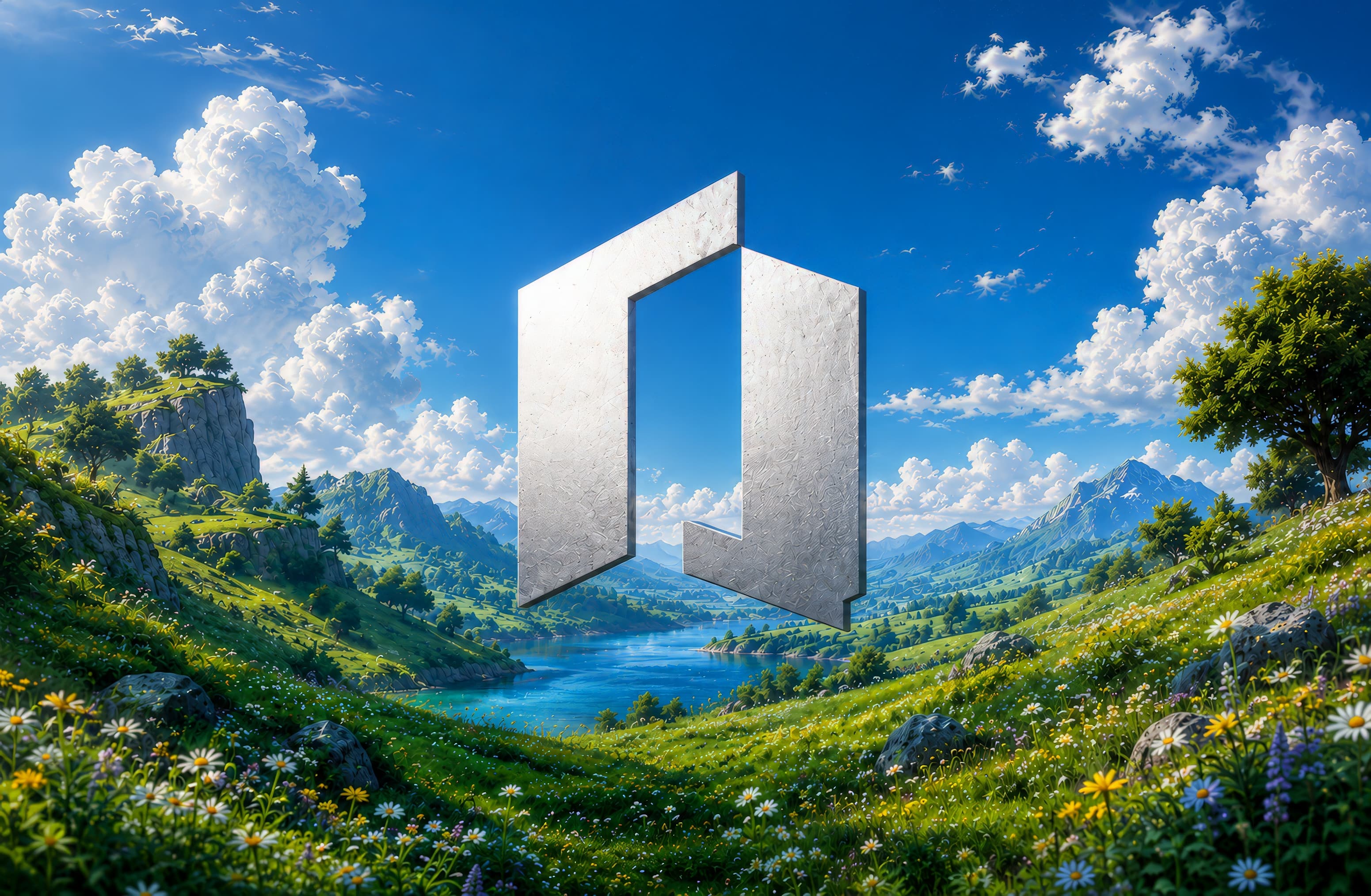 Metallic agency mark floating over a bright landscape