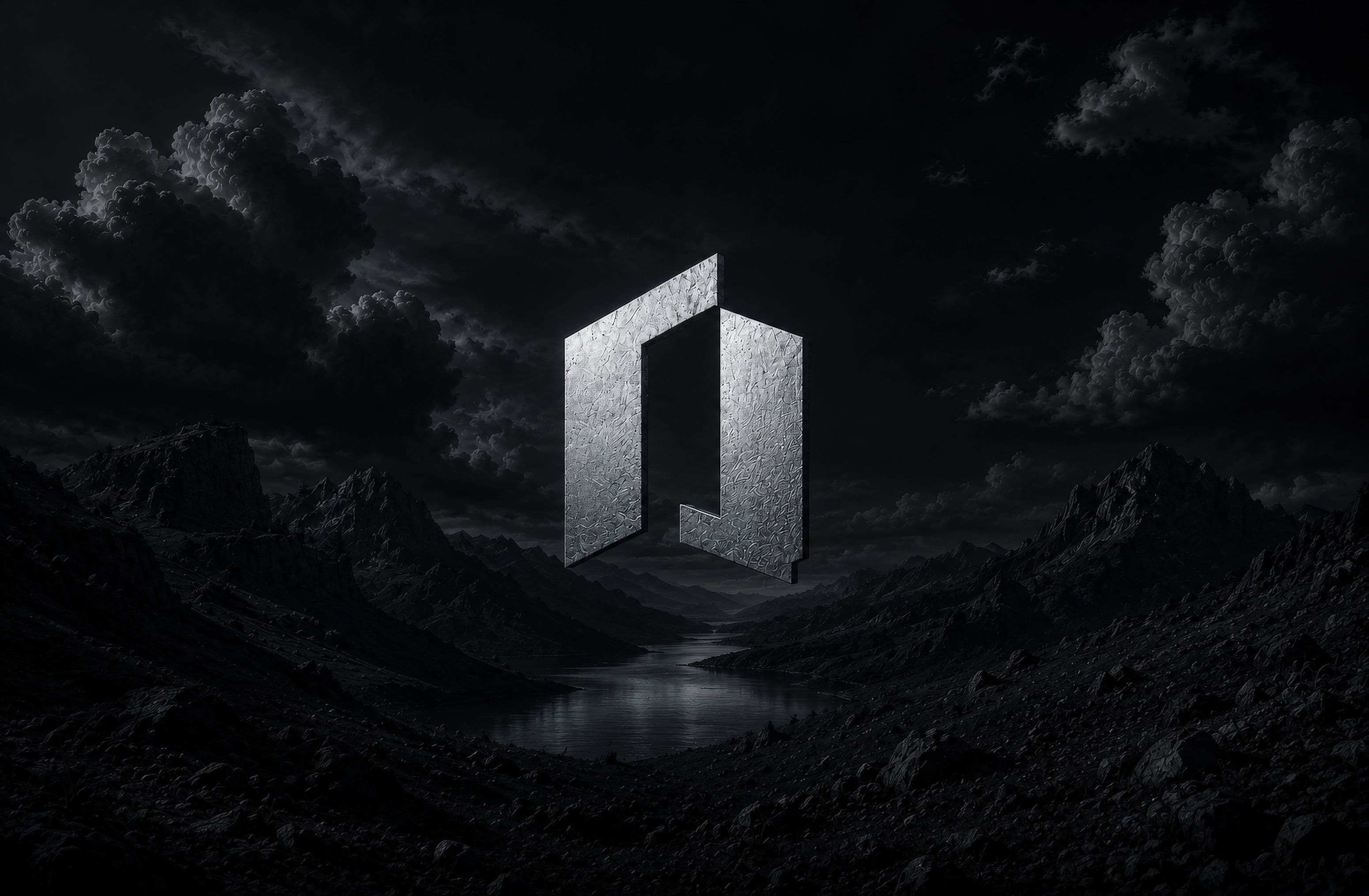 Metallic agency mark in a dark studio environment